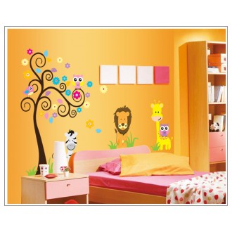 Cartoon Tree & Animals, giraffe, lion and friends Vinyl Wall Art